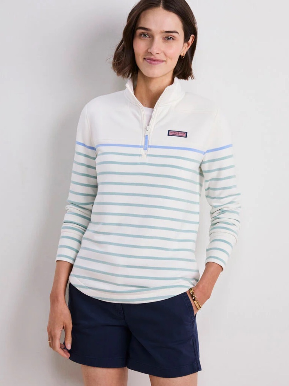 Vineyard Vines Cream & Light Blue Striped 1/4 Zip Pullover